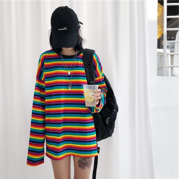 Cute girl rainbow stripes loose wild long-sleeved T-shirt 8257538042520