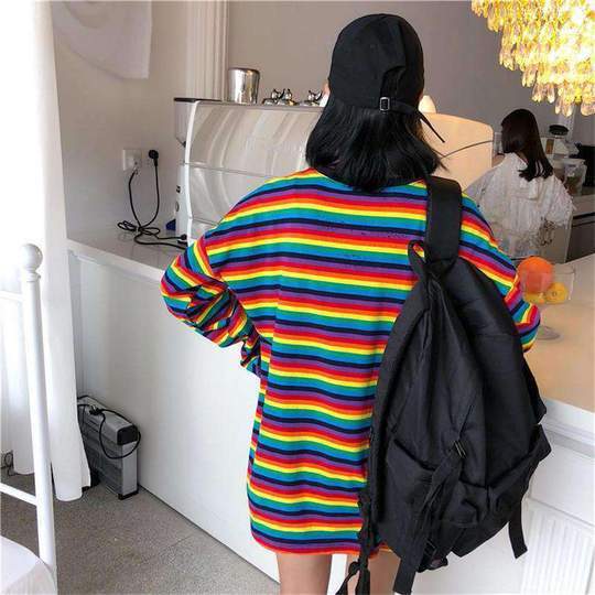 Cute girl rainbow stripes loose wild long-sleeved T-shirt 826830156700