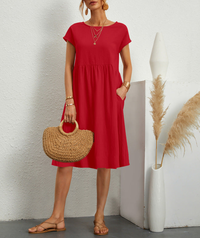 OL Temperament Women's Cotton Round Neck A-line Skirt Dress 87dd9076 e816 4444 ab12 90a6874074b5