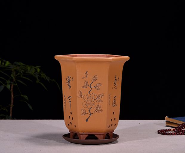 Fine Zisha Flowerpot Hand-carved Hexagonal