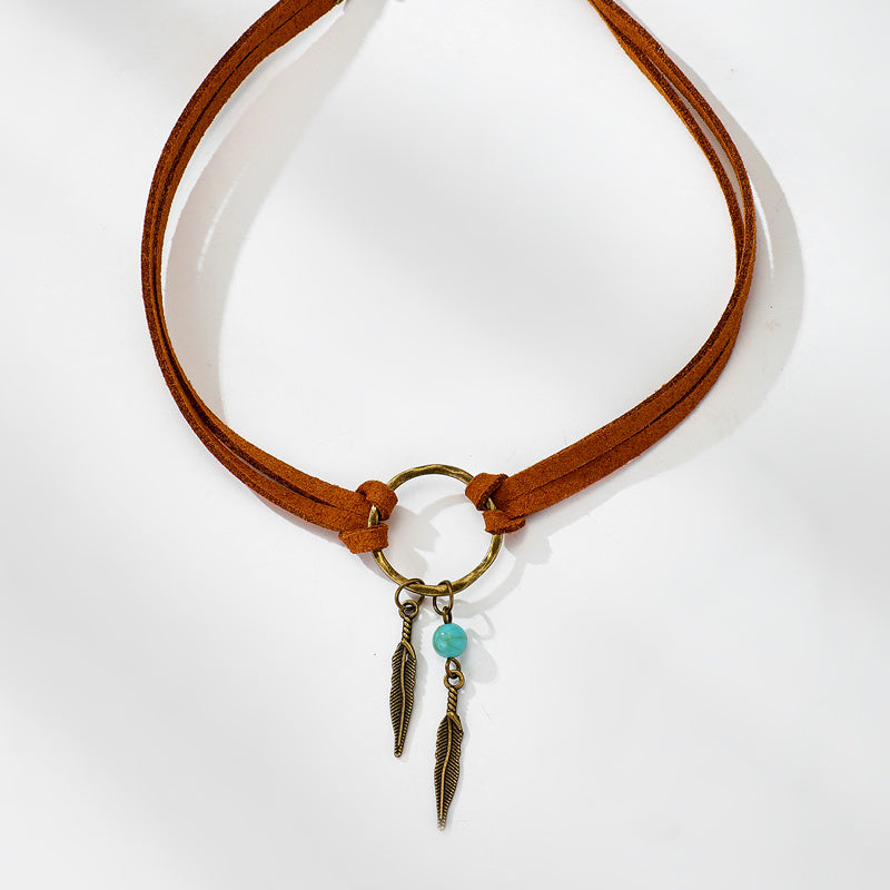 Vintage Alloy Feather Leather Choker Necklace 889480477126