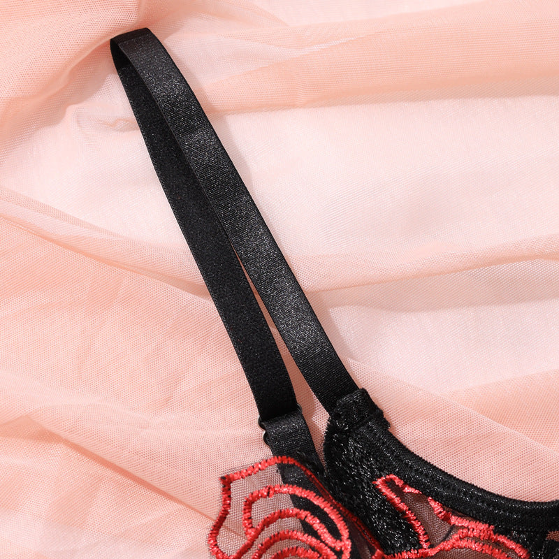 Rose Embroidery Mesh See-through Garter Three-piece Set 8bcff9bd 42b5 4c61 afe5 cd92e1a66a92