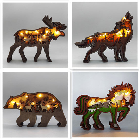 Christmas Decoration Wooden Animal Carving Handcraft Gift Wall Hanging Sculpture 3D Bear Deer Elk Art Decor New Year Ornament