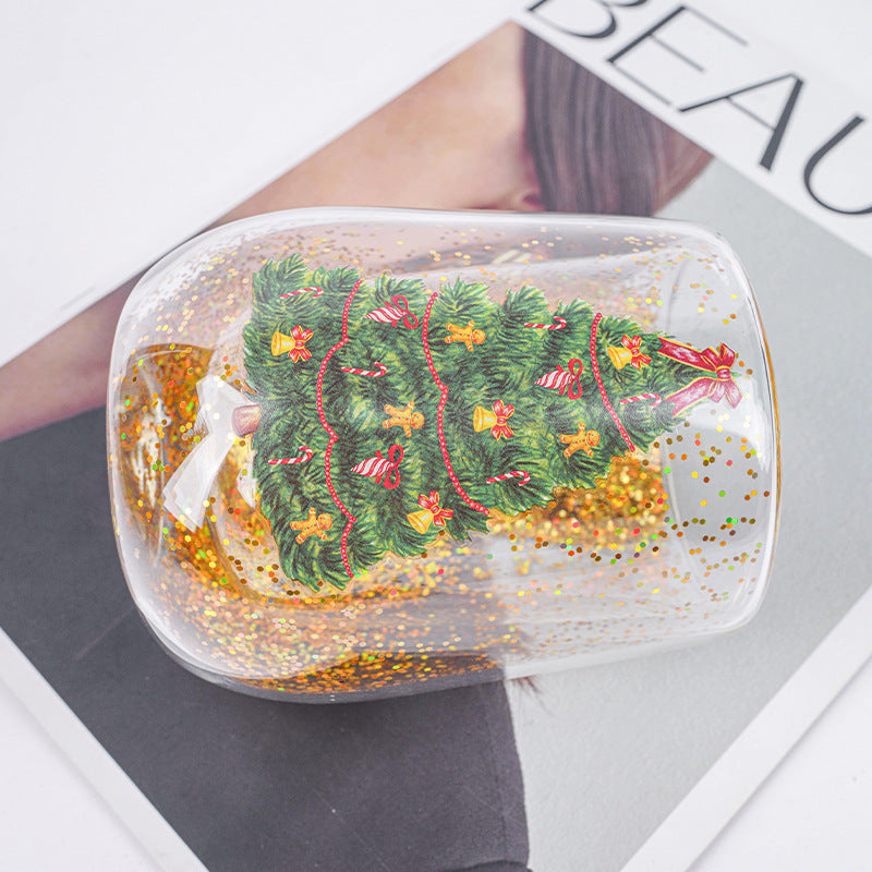 Christmas Tree Cups Heat Resistant Double Layer Flowing Sequins Christmas Cup Household Handwork Cartoon Christmas Trees Tumb