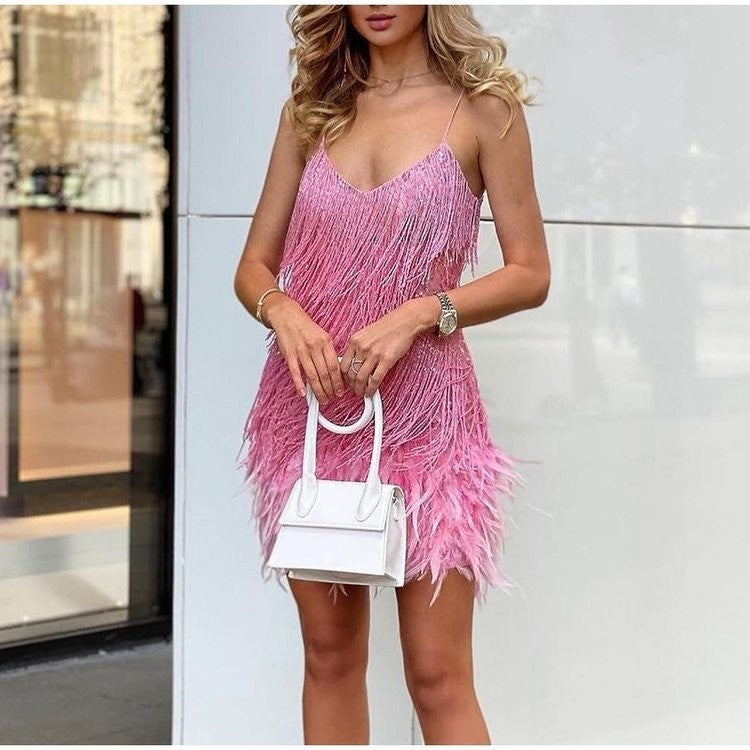 Sexy Tassel Sequins Feather Summer Mini Dress Women V Neck Spaghetti Strap Stitching Dresses Female Elegant Evening Party Clu