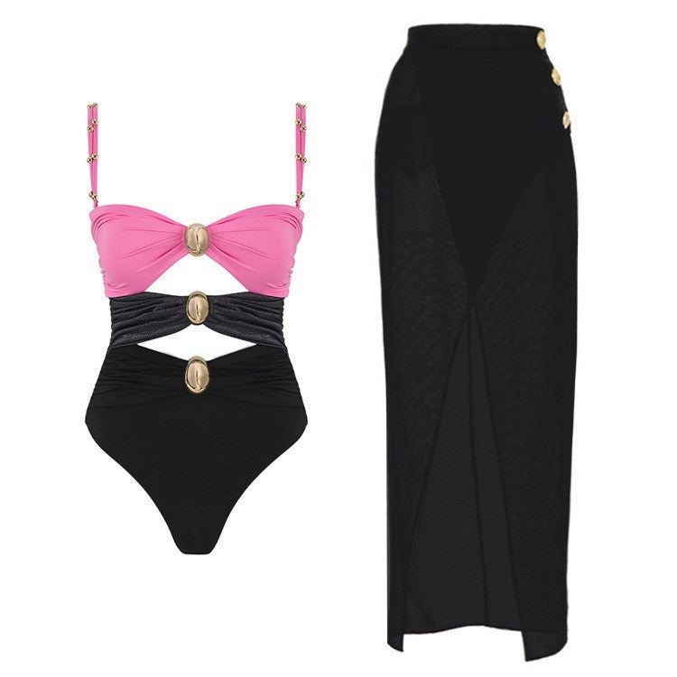 One-piece Swimsuit Women's Round Buckle Decoration Hollow Out Stitching Swimsuit Suit 9220be1c 4a94 4ad2 bda2 09ea31c48cc7