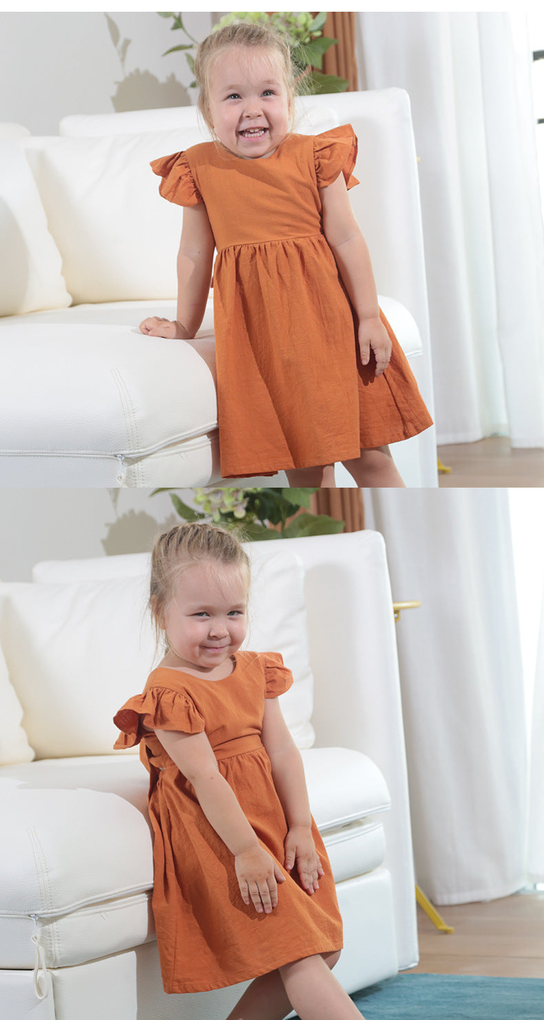 New Girls' Dress Baby Cotton And Linen Solid Color Children Shirt Bow Princess Dress Pettiskirt European And American Style C