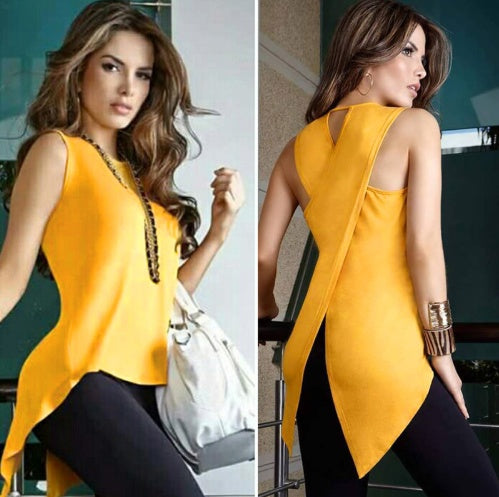Europe and the United States spring and summer irregular fashion sleeveless back crossover shirt T-shirt 996665644821