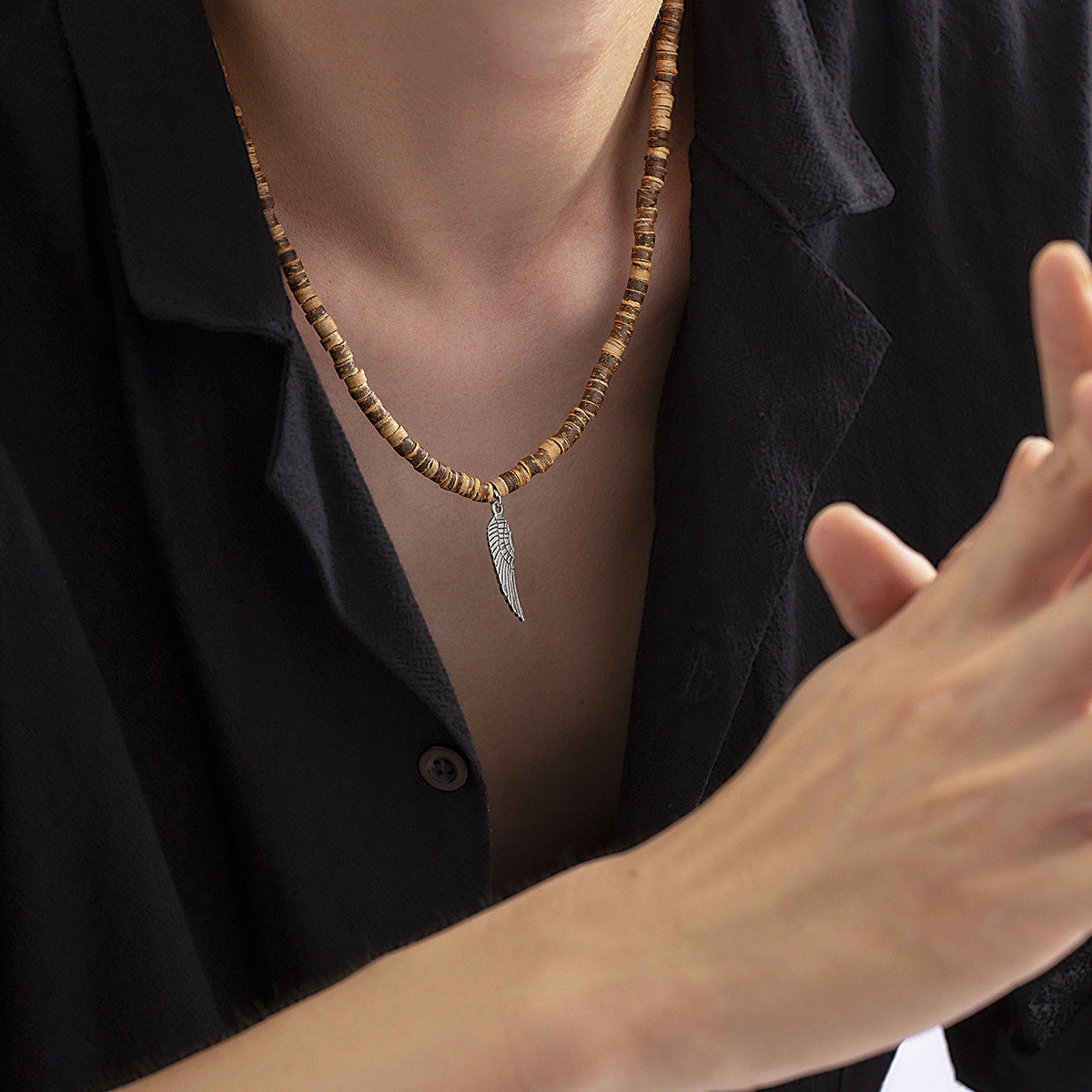 Bohemian Style Wooden Bead Stitching Necklace Men's Feather Pendant Necklace 9c015c1f e5a6 4b86 9aa0 18c811afd8f6