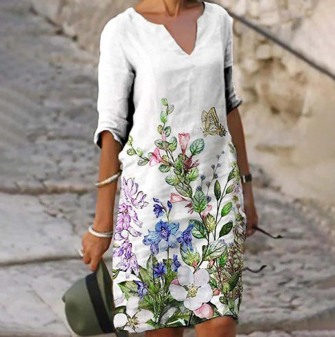 Flower Leaves Printing Rendering V-neck Dress 9cb955ed 1453 4365 a125 a72296ddaf84