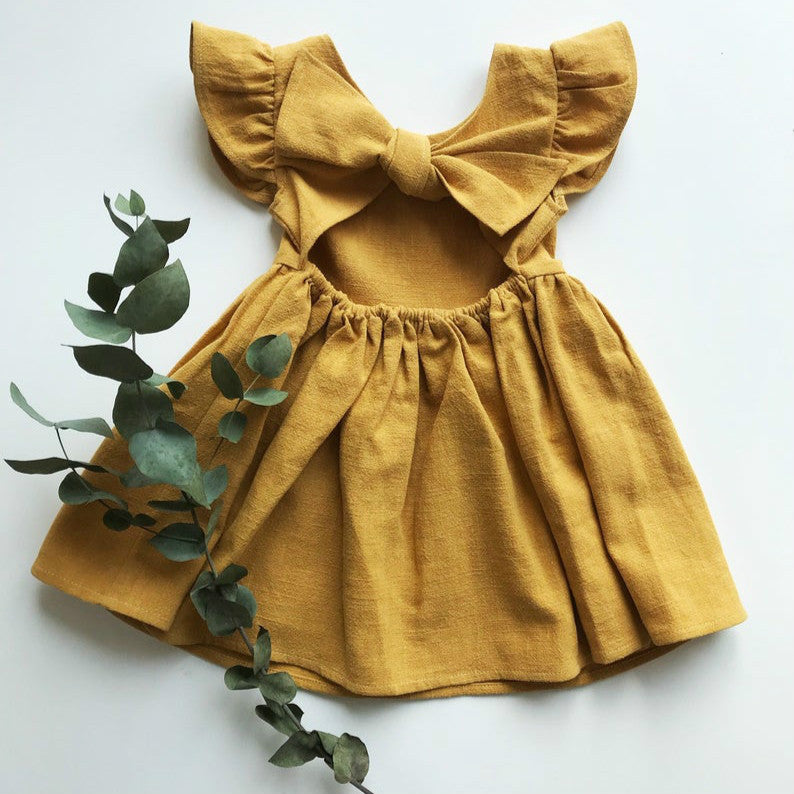 New Girls' Dress Baby Cotton And Linen Solid Color Children Shirt Bow Princess Dress Pettiskirt European And American Style C
