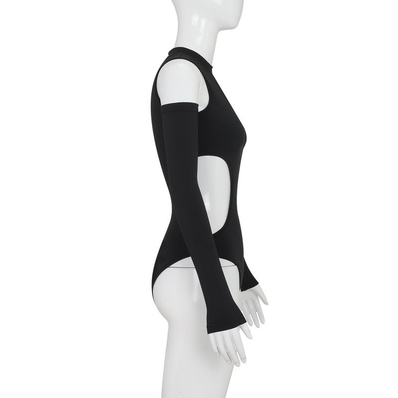 Off-the-shoulder Ripped Hollow-out Tight Long Sleeve Jumpsuit Women a543744f ec38 45b7 a4b4 da48ec3dc6b2