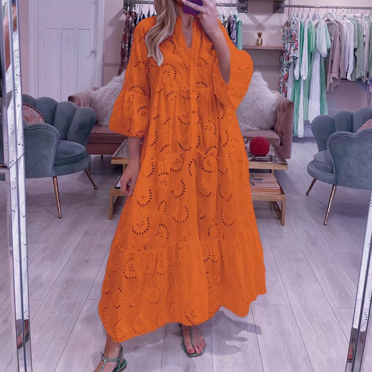 French Style V-neck Bell Sleeve Lace Hollow Out Solid Color Sexy Long Dress Women a6df9694 b921 4dbf a9b6 68e264760012