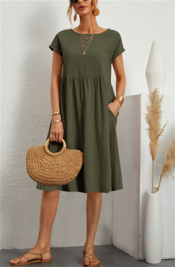OL Temperament Women's Cotton Round Neck A-line Skirt Dress a845457d b0dc 4f0a 8309 2ccb043d28d6