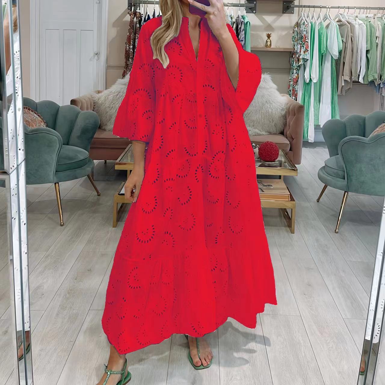 French Style V-neck Bell Sleeve Lace Hollow Out Solid Color Sexy Long Dress Women a8f90efb f44c 4abb a3a3 8e21a23c5681