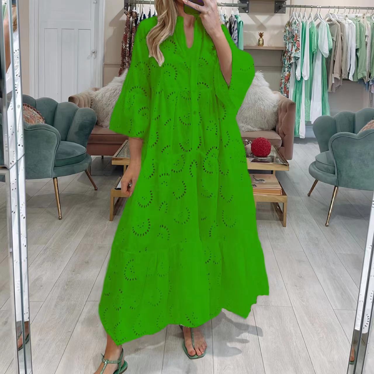 French Style V-neck Bell Sleeve Lace Hollow Out Solid Color Sexy Long Dress Women a961cf67 bef7 4f8b 9eb8 ff3db59faf1e
