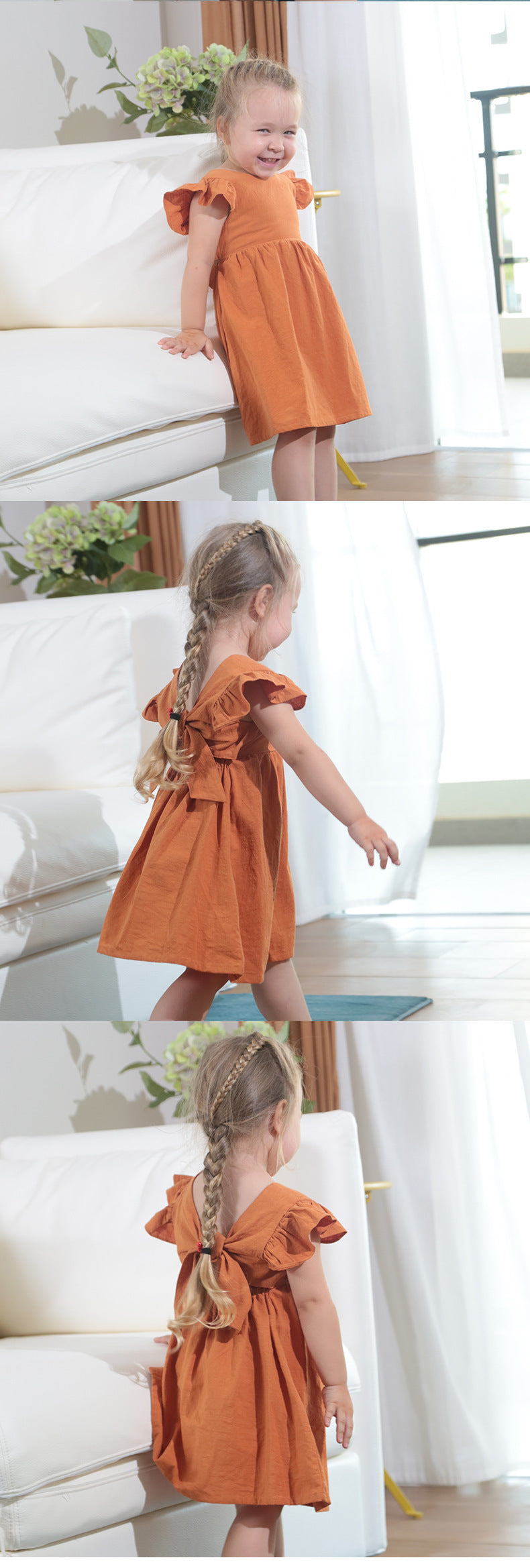 New Girls' Dress Baby Cotton And Linen Solid Color Children Shirt Bow Princess Dress Pettiskirt European And American Style C