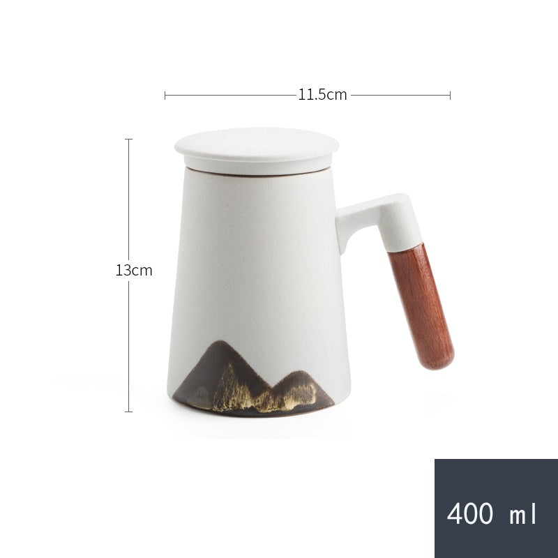 Factory Creative Yuanshan Hand-painted Mug Wooden Handle Ceramic Tea Cup With Lid Filter Three-piece Office Home b011d0d4 a3d