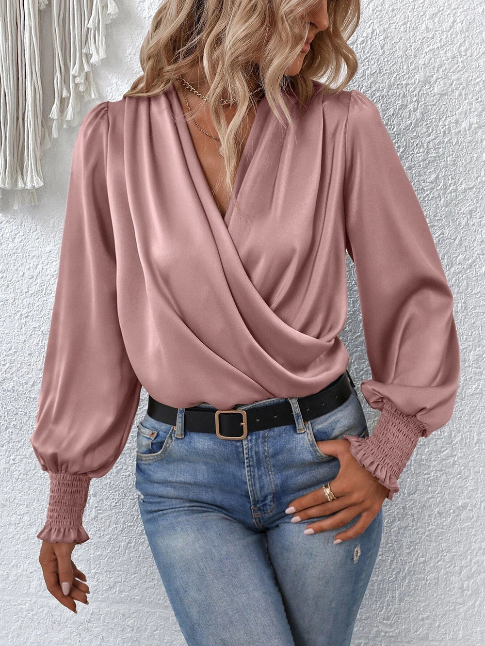 Women's Elegant Women's V-neck Lantern Sleeve Style Solid Color Shirt b55f8020 d037 4992 9476 d6056bfb3d9a