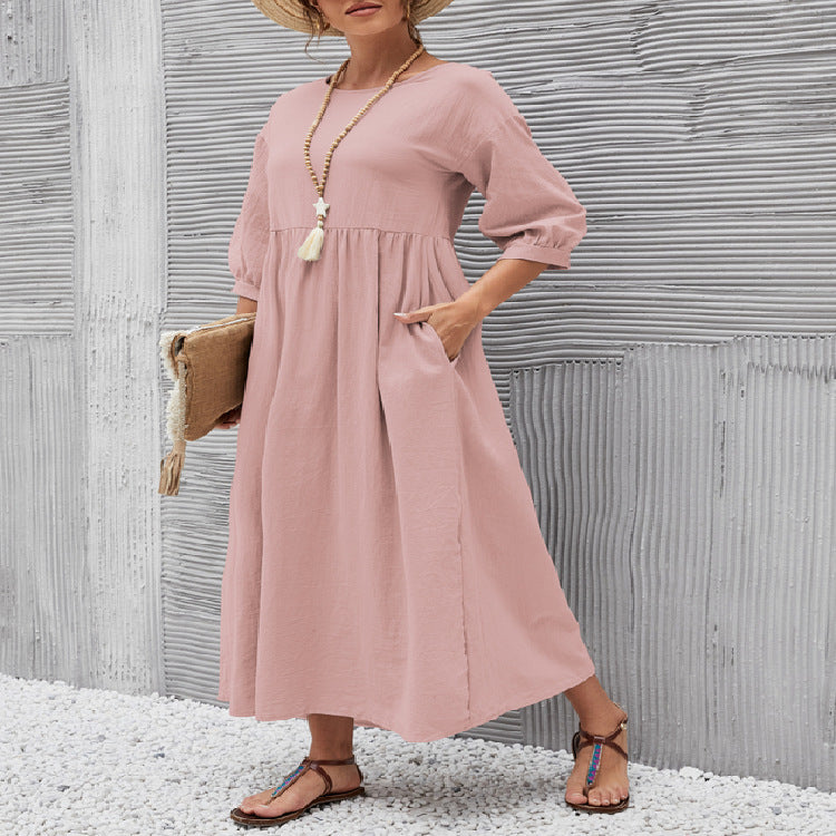 OL Temperament Women's Cotton Round Neck A-line Skirt Dress b5801c93 daa4 4768 828b 9fb67b0c35a9