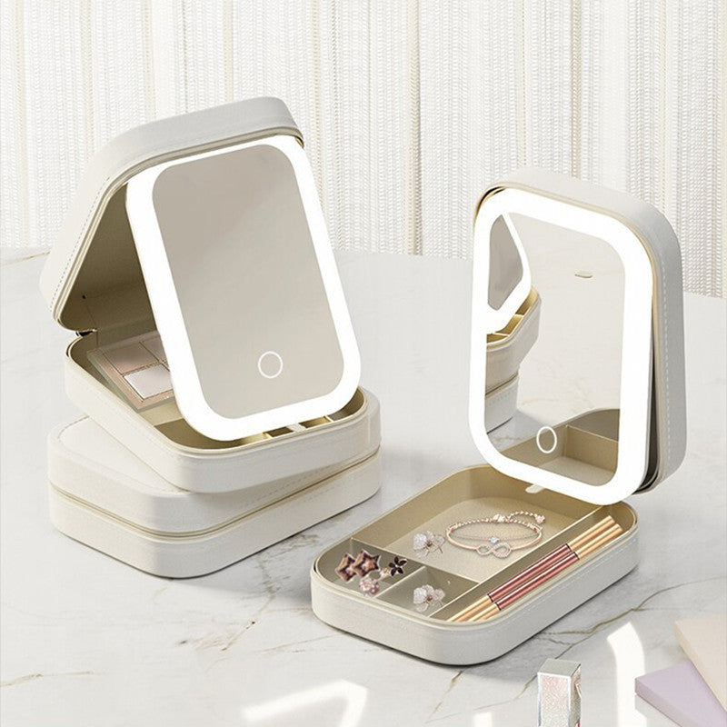 Makeup Storage Box With LED Light Mirror Portable Travel Makeup Cosmetics Storage Box Touch Light Storage Organizer bd0da48d