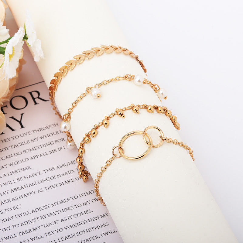 Simple Geometric Circle Wheat Ear Pearl Pendant 4-piece Set Bracelet bde16122 9170 45f4 9946 1ede8052c846