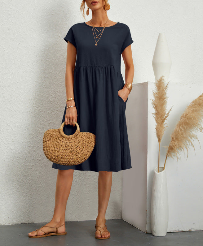 OL Temperament Women's Cotton Round Neck A-line Skirt Dress c0191e5b c876 46cb a939 ad746e718268
