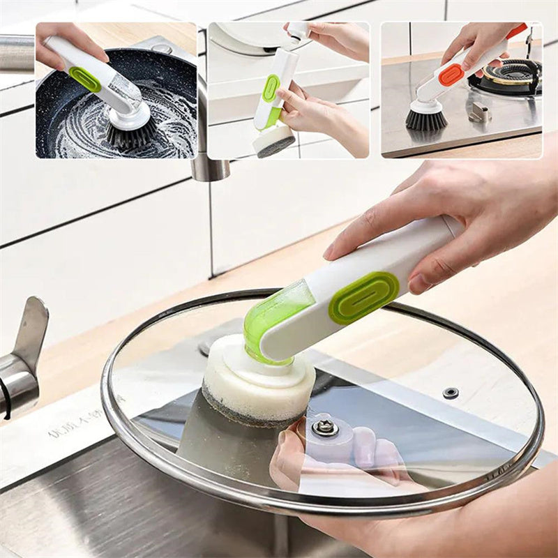 Multi-Functional Long-Handle Liquid-Filled Cleaning Brush Washing Up Brushes With Liquid Dispenser Two Replacement Heads For