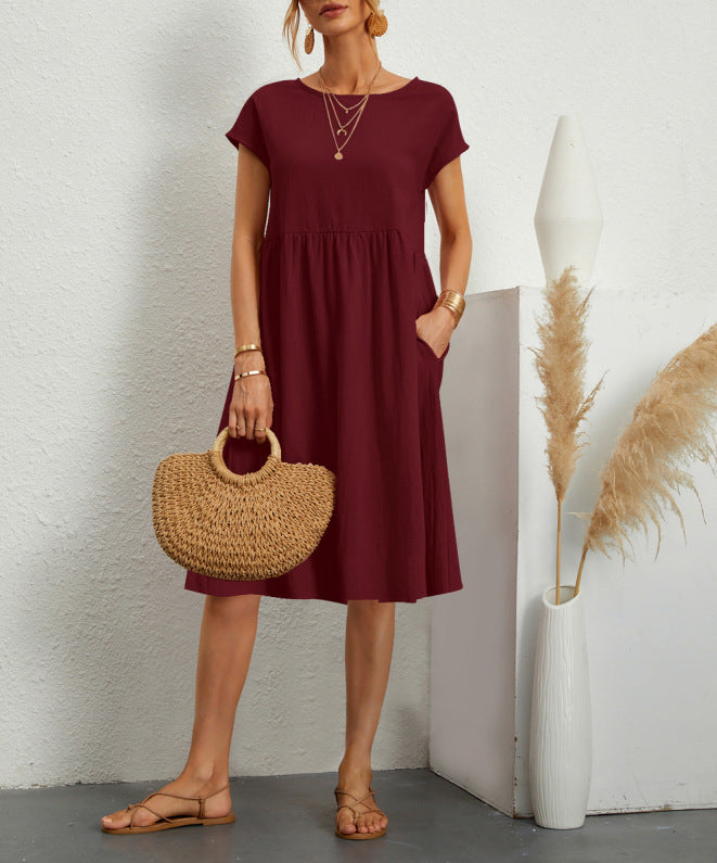 OL Temperament Women's Cotton Round Neck A-line Skirt Dress c333ea59 d15d 4fda 8747 28e98824b873