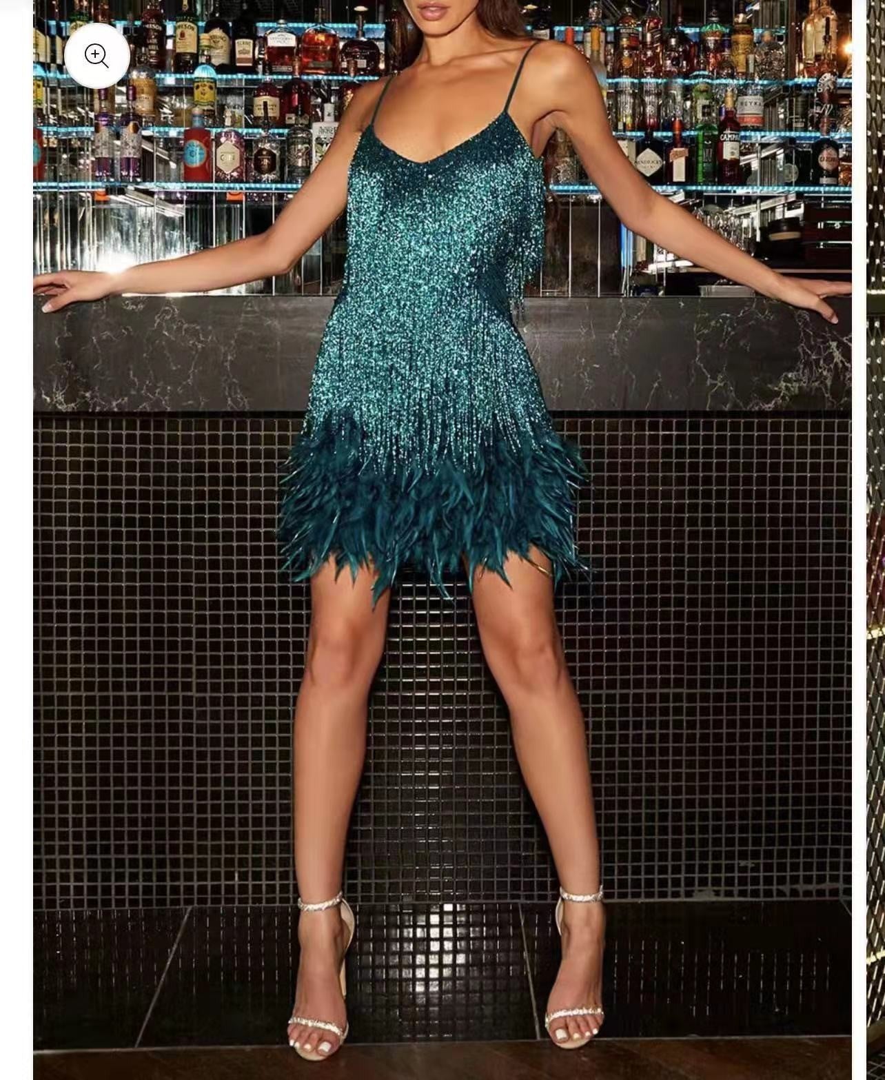 Sexy Tassel Sequins Feather Summer Mini Dress Women V Neck Spaghetti Strap Stitching Dresses Female Elegant Evening Party Clu