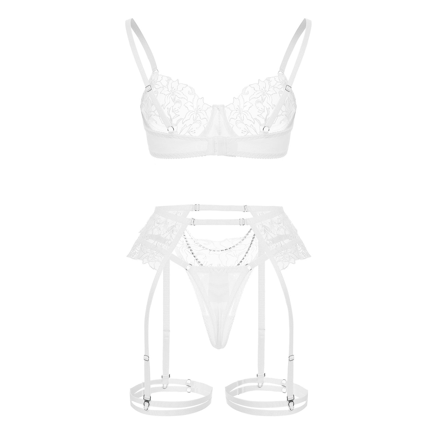 White Metal Chain Flowers Embroidered Underwear Bra Set c824e67e eba8 4106 a770 53d813c66810