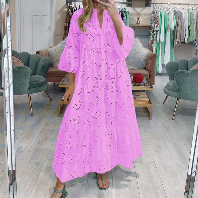 French Style V-neck Bell Sleeve Lace Hollow Out Solid Color Sexy Long Dress Women c8f43887 8065 42a3 add3 2ce522cbaa36