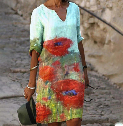 Flower Leaves Printing Rendering V-neck Dress d2734eb5 e3a6 4658 9465 c51cc14e91a2