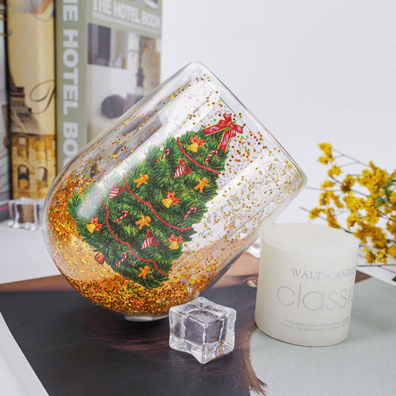 Christmas Tree Cups Heat Resistant Double Layer Flowing Sequins Christmas Cup Household Handwork Cartoon Christmas Trees Tumb