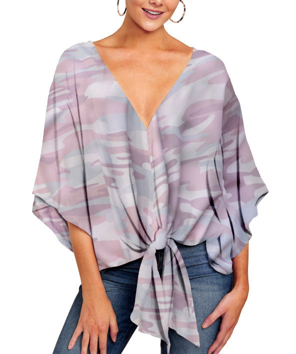 New V Neck Blouse Women Leopard Print Shirts Floral Tie Front Blouses Batwing Summer Oversize Ladies Tops d3ca35ab 81b7 436b