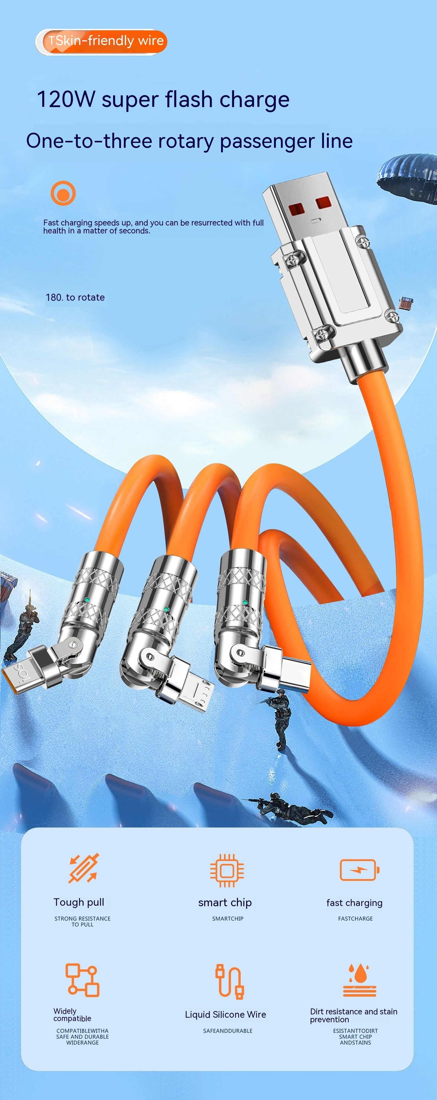 120W One-to-three Elbow Fast Charging Zinc Alloy Charging Cable 180 Degree Rotation - 图片 4