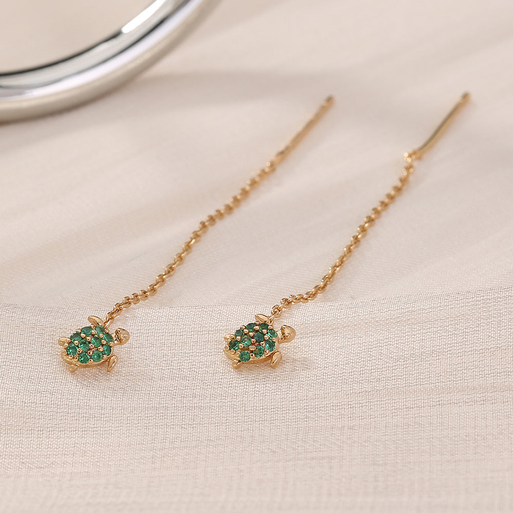Thin Face Earlines, The New Trend Of Small Simple Tassel Earrings Long Copper Micro-green Zircon Small Turtle Earrings Pendan