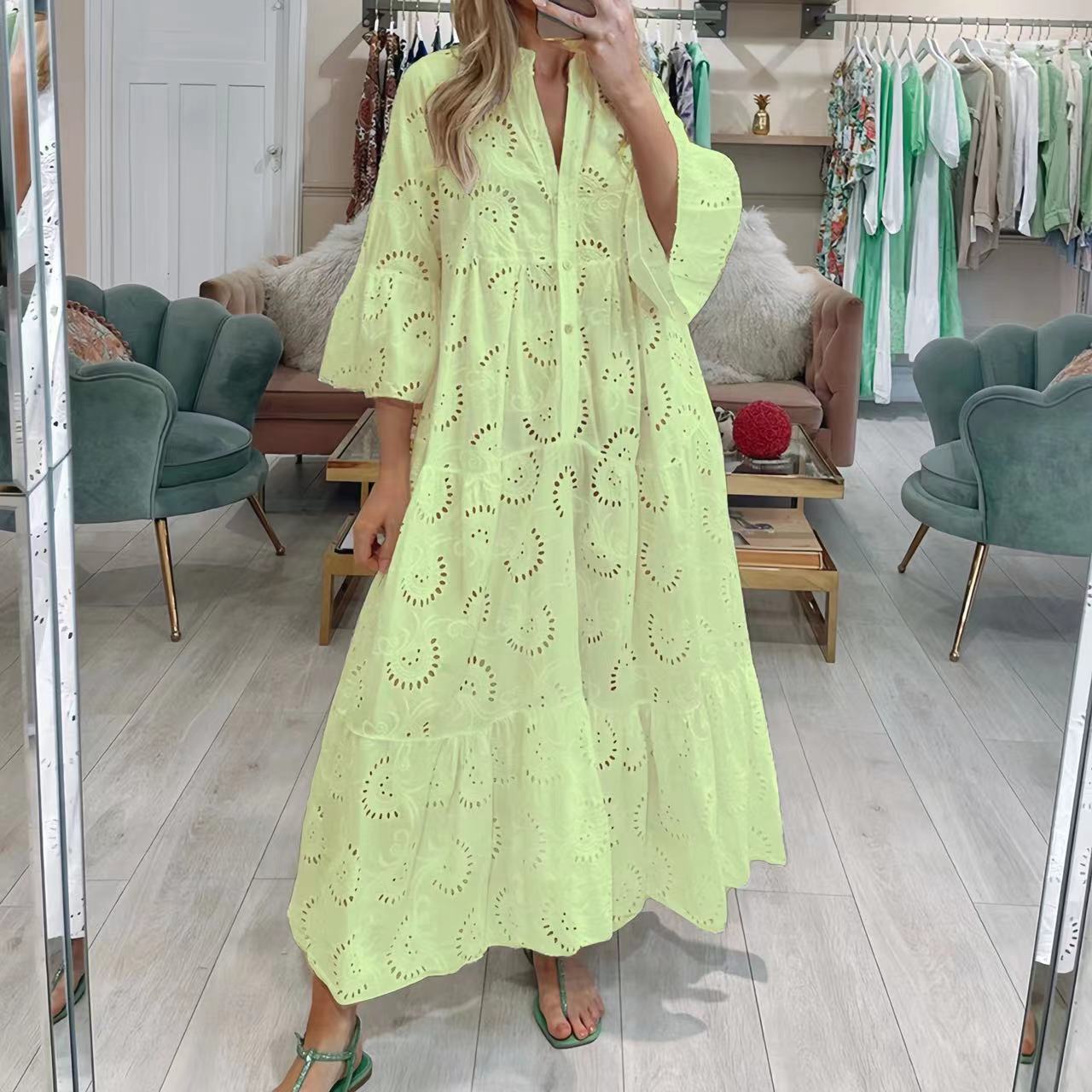 French Style V-neck Bell Sleeve Lace Hollow Out Solid Color Sexy Long Dress Women d7505c2e 8b5b 4031 84dd 179e9dfbbd8c