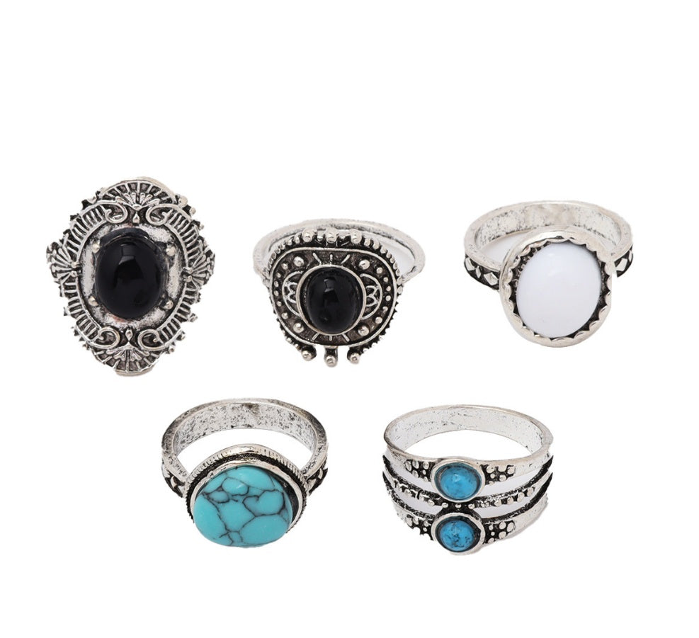 Bohemian Retro Ethnic Style Inlaid Black Gemstone Opal Turquoise Joint Ring d810c5d1 ae64 40df 901f 9856ee024995