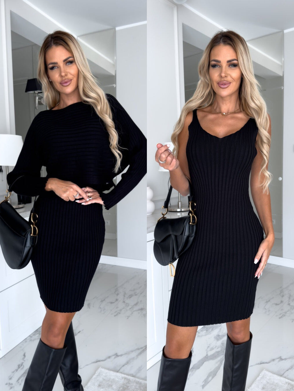 2pcs Suit Women's Solid Stripe Long-sleeved Top And Tight Suspender Skirt Fashion Autumn Winter Slim Clothing - HD Wireless Product #8