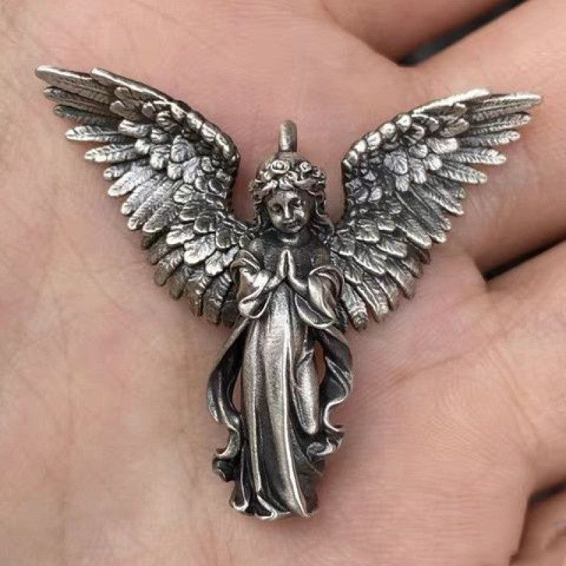 925 Sterling Silver Distressed Little Angel Necklace Cupid Pendant Men Vintage Jewelry - HD Wireless Product #2