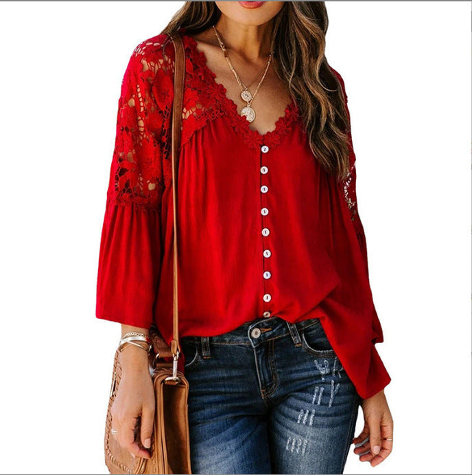 Womens Solid Color V Stitching Breasted Flared Sleeve Top e44d05cf b4a4 4bd5 b923 c39821a5087c