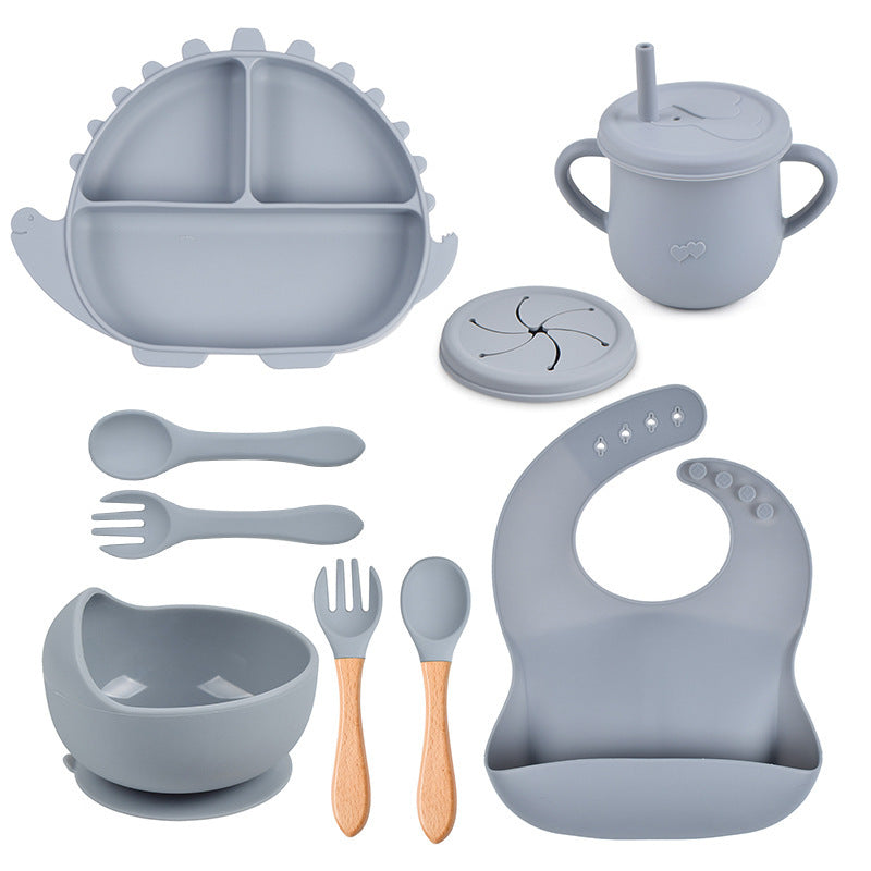8-piece Children's Silicone Tableware Set Dinosaur Silicone Plate Bib Spoon Fork Cup Baby Silicone Plate - HD Wireless Product #10