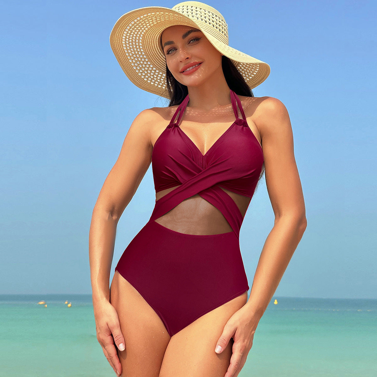 One-piece Swimsuit Women's Pure Color Mesh Bikini Swimsuit e9381966 152a 4635 b1a4 eff632df4f42