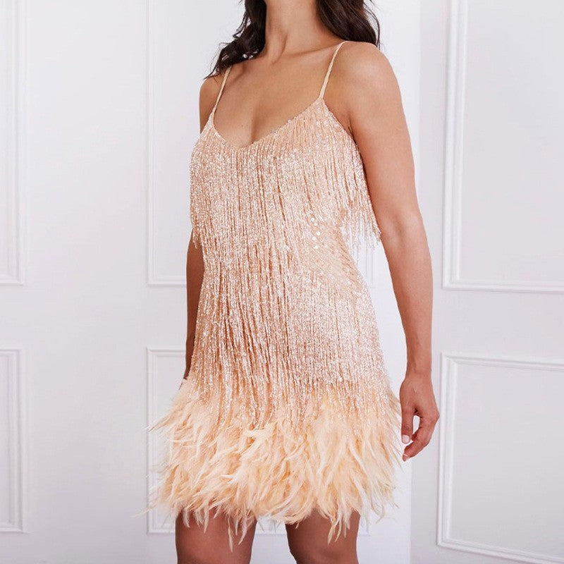 Sexy Tassel Sequins Feather Summer Mini Dress Women V Neck Spaghetti Strap Stitching Dresses Female Elegant Evening Party Clu
