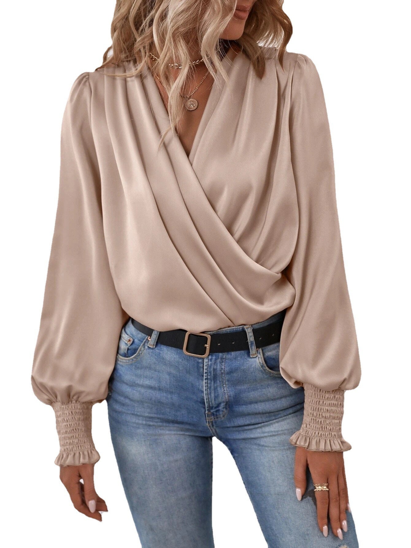 Women's Elegant Women's V-neck Lantern Sleeve Style Solid Color Shirt ee7b69c6 5280 4d9b a755 d9102ec111b5