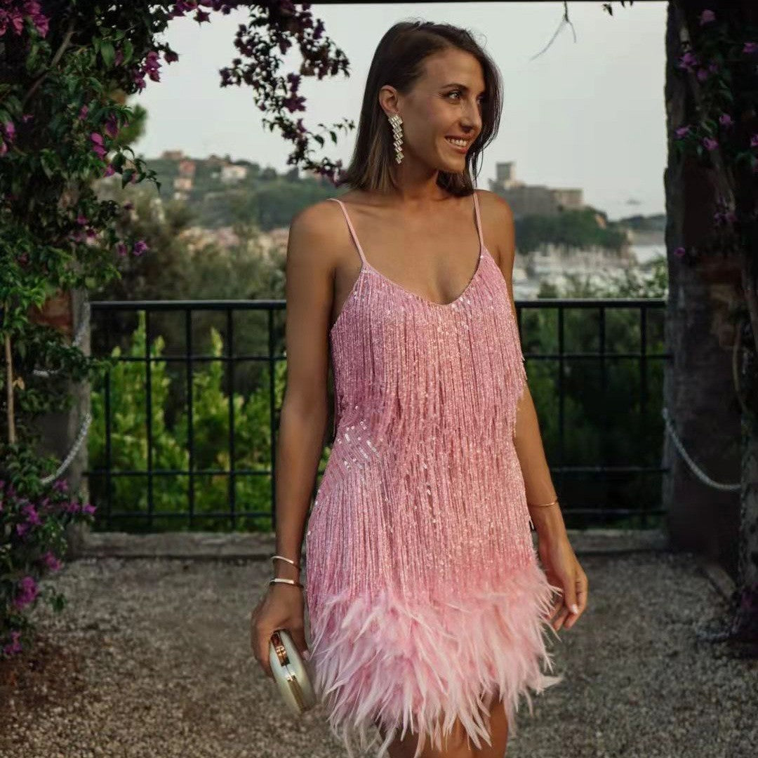 Sexy Tassel Sequins Feather Summer Mini Dress Women V Neck Spaghetti Strap Stitching Dresses Female Elegant Evening Party Clu