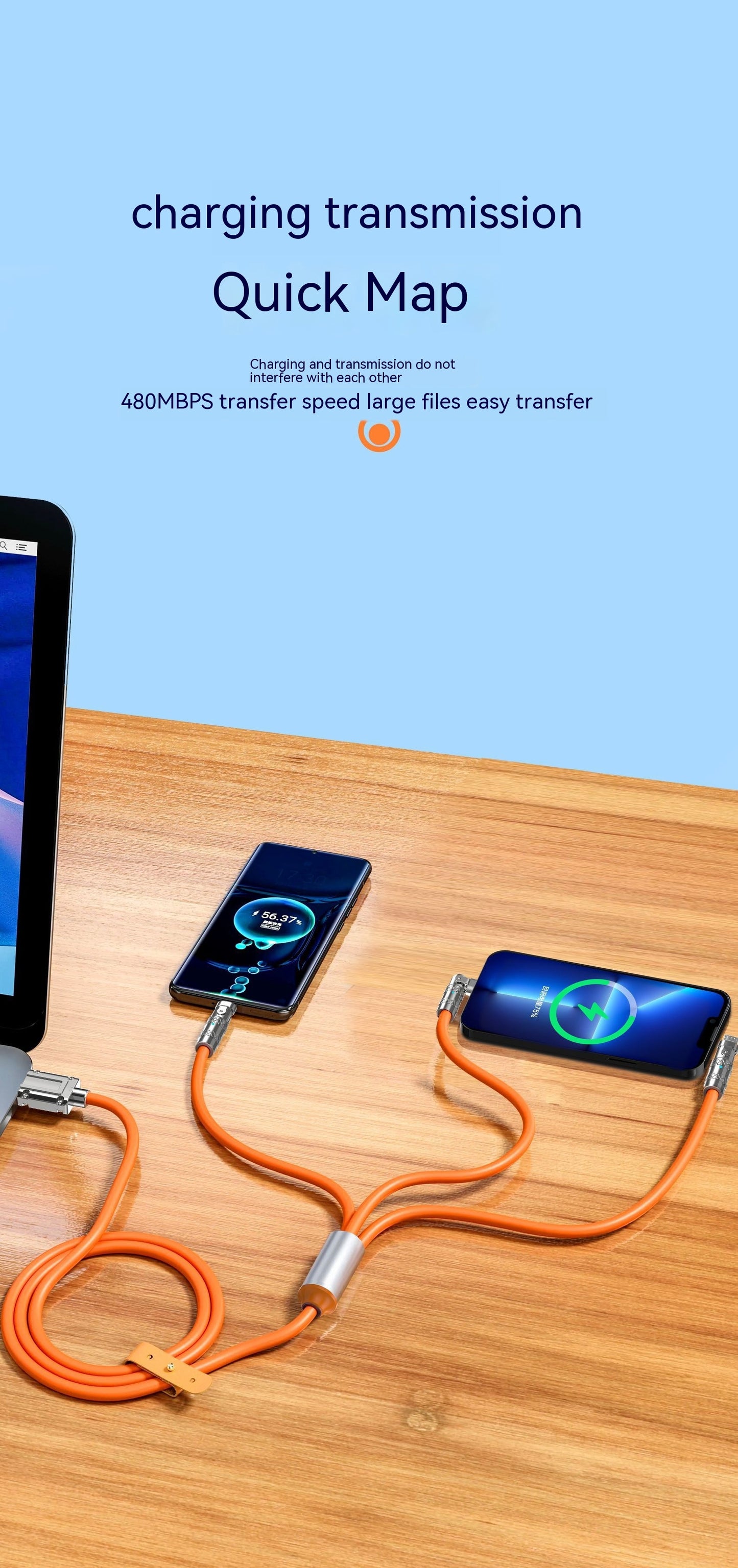120W One-to-three Elbow Fast Charging Zinc Alloy Charging Cable 180 Degree Rotation - 图片 3