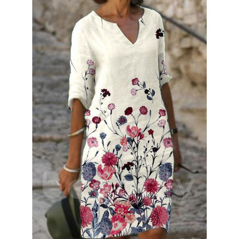 Flower Leaves Printing Rendering V-neck Dress f70099e0 3f41 49aa aee3 88c53d653002