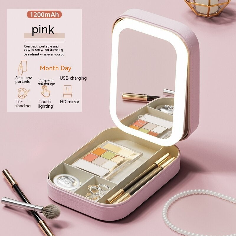 Makeup Storage Box With LED Light Mirror Portable Travel Makeup Cosmetics Storage Box Touch Light Storage Organizer f81c8667